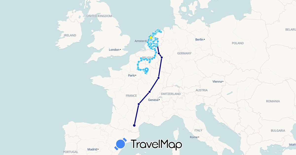 TravelMap itinerary: driving, cycling, train, boat in Belgium, Germany, France, Netherlands (Europe)